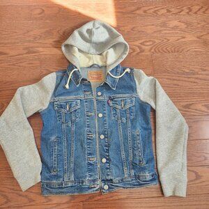 Levi's Denim Hybrid Trucker Straus Hoodie Jacket Unisex Sz S Medium Wash Denim